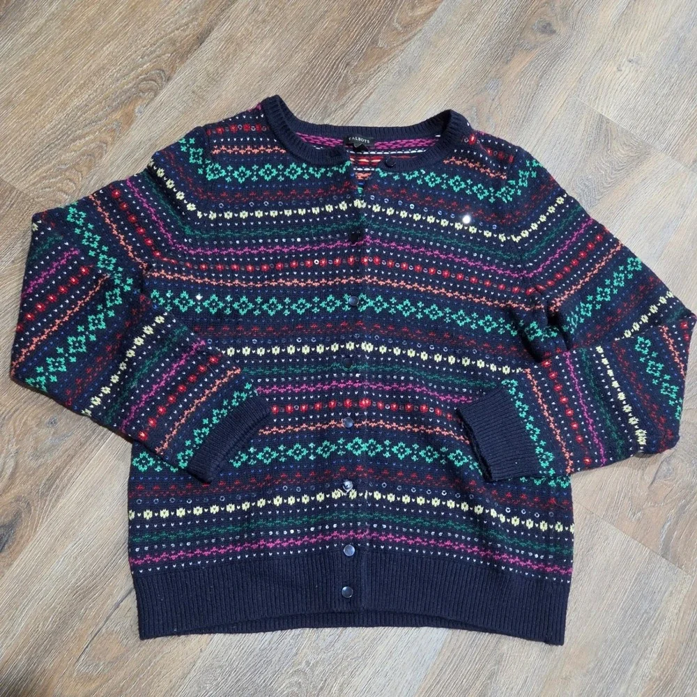 Talbots Womens Fair Isle Sequin Cardigan Sweater Navy Blue Lambswool Blend L